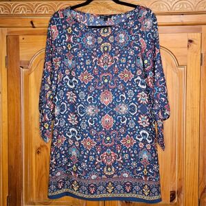 BEBOP Women's Multicolored Paisley Tunic Dress‎ 3/4 Tie Sleeves Size Small
